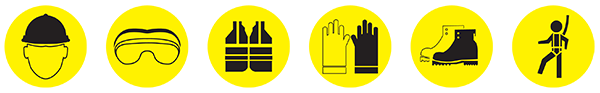 health and safety icons - hard hat, goggles,high visibility vest, safety gloves, safety boots, safety harness